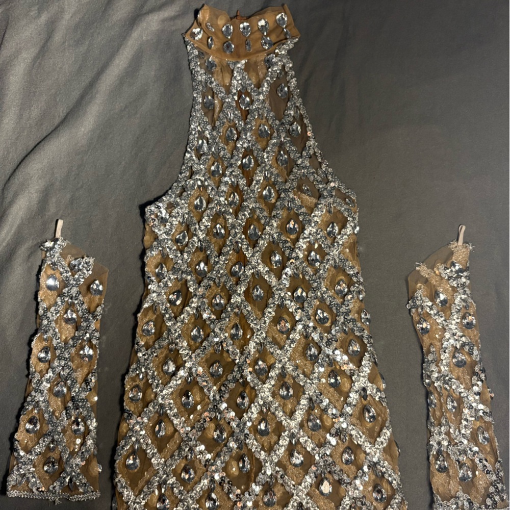 Embellished Sleeveless Mini Dress - Silver and Brown